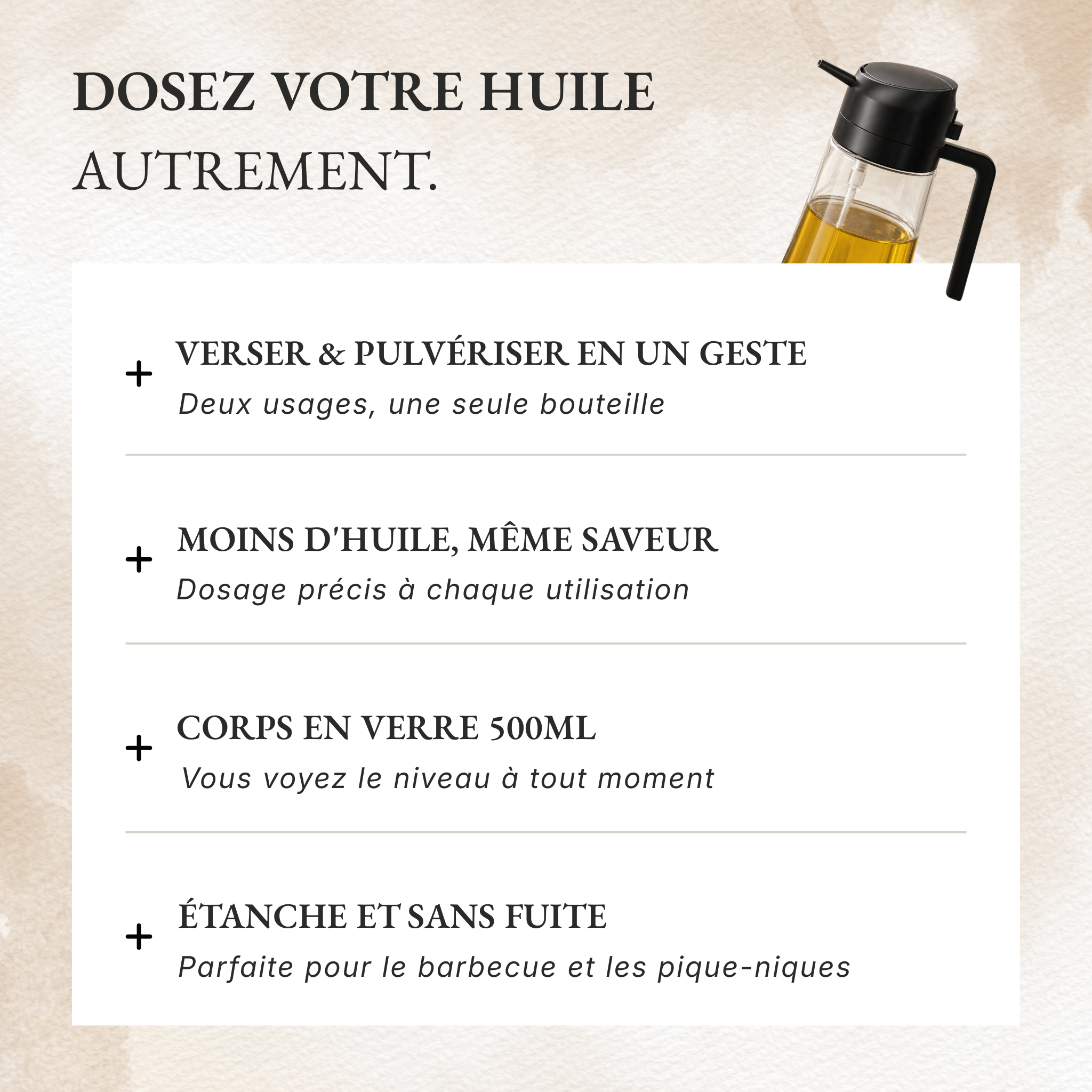 Bouteille d'huile 2-en-1 - verser & pulvériser en un geste